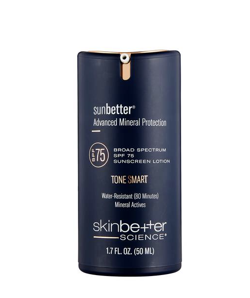 Sunbetter TONE SMART SPF 75 Sunscreen Lotion in a sleek navy bottle.